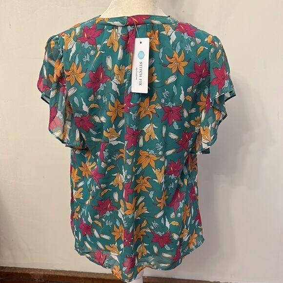 COPY - Beacon Apparel turquoise floral ruffle short sleeve blouse Size M New - Picture 7 of 11